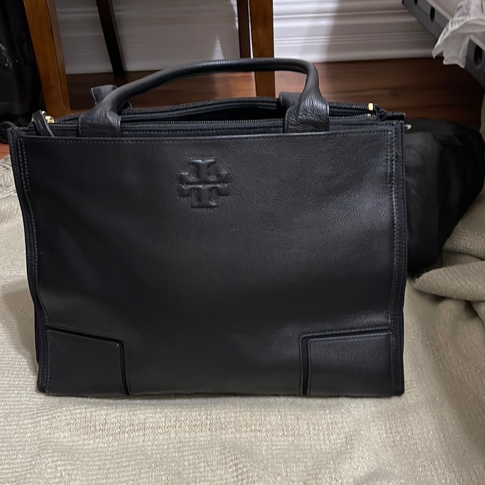 Black leather tote bag